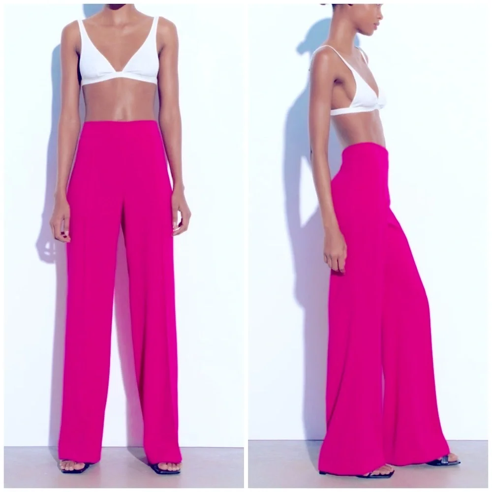 Zara long flowing  neon pink pants - Picture 2 of 16